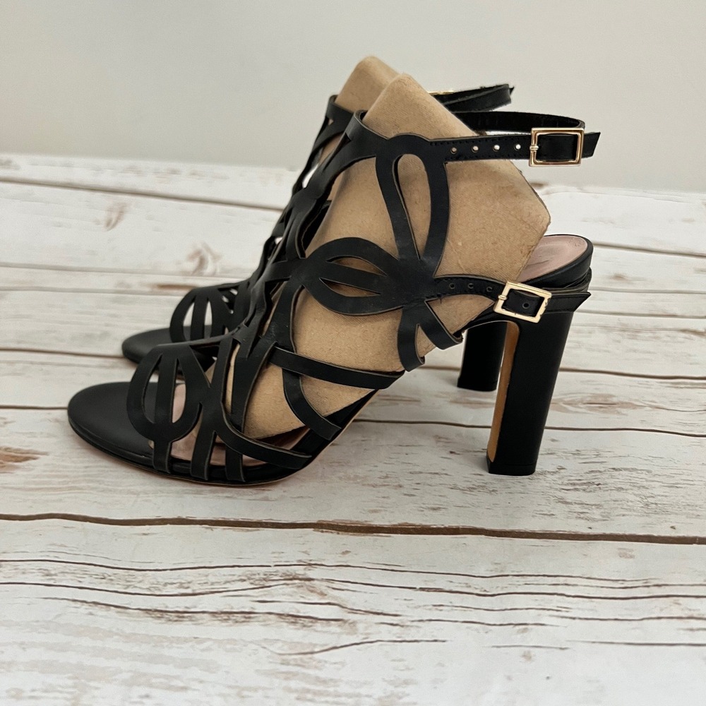 Kate Spade Illana Strappy Cage Sandals Black Leather High Heels 7.5 C